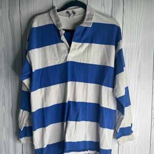 Vintage Rubgy Polo Shirt Mens L Blue White Striped Cotton Made In USA